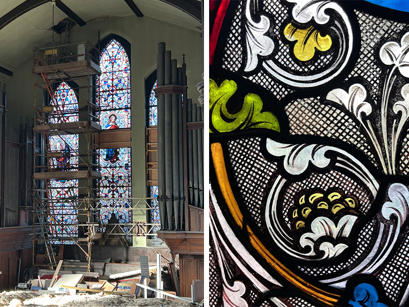 Stained glass windows in a church with a large scaffold up in front of them and a close up of a stained glass window with colourful flower motifs