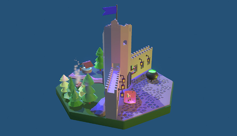 A model of a castle wall and tower, with a blue flag flying. Outside the castle are trees and a well, and inside the castle is a cauldron, table and lights.