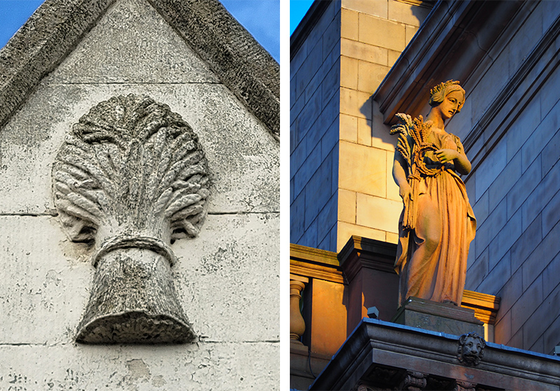 One image shows a carving of wheat near the roof of a stone building and the other shows a statue of a woman wearing long robes, high up on a plinth, holding long grains of wheat
