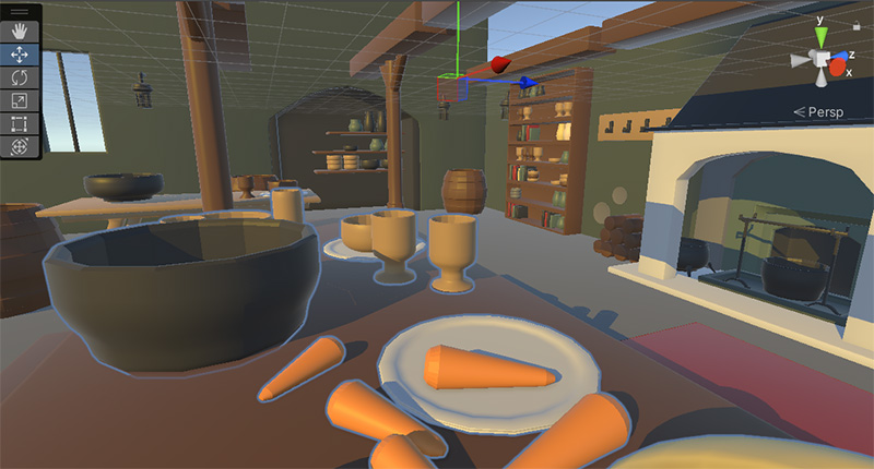 A large room with an open stove, shelves with crockery and a table with bowls, cups and plates of carrots