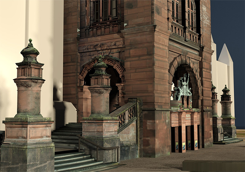 A 3D render of the red sandstone museum entrance with a stairwell flanked by tall stone plinths leading up to an arched entryway