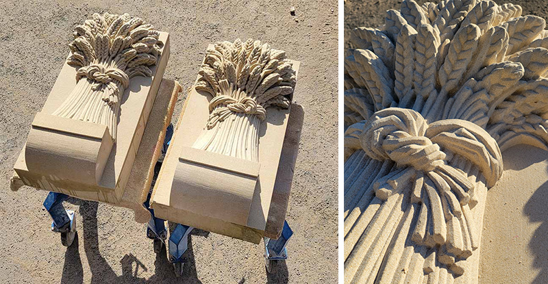 Stone carvings on blonde sandstone of a bundle of wheat tied up in a bunch with a bow