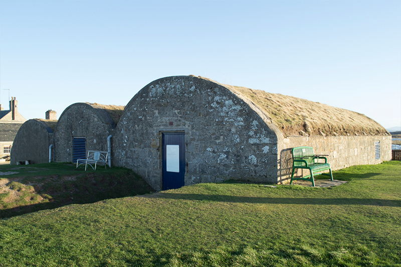 A building made up of 3 joined together 'mounds' with a grass roof and no windows