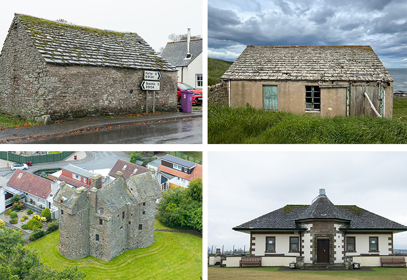 Various buildings with flagstone roofs including two outbuildings, a large stone castle and a former cricket pavilion
