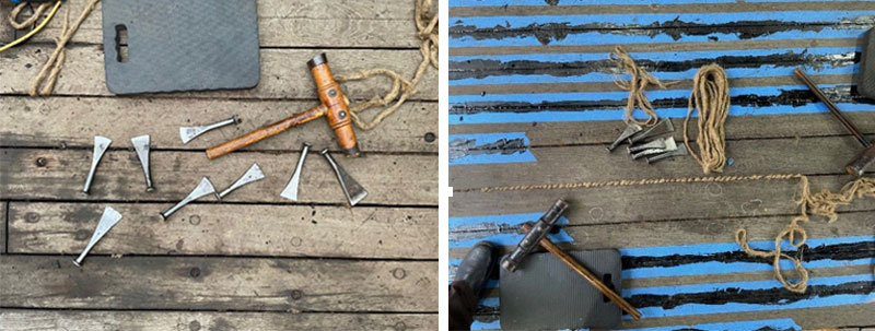 Two images side by side, both showing a mallet and caulking irons lying on top of a wooden deck. One of the images shows oakum pushed in between a gap in the wooden boards.