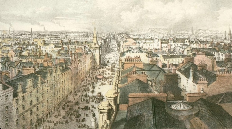 An illustration of Glasgow city centre, from the rooftops, with lots of stone buildings and chimneys releasing smoke into the sky.