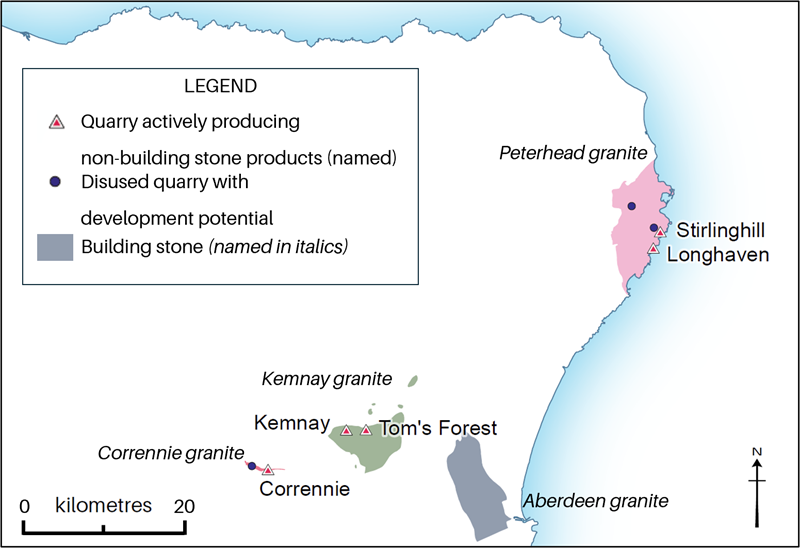 A map showing areas in North East Scotland with actively producing quarries, disused quarries with development potential and areas with building stone.
