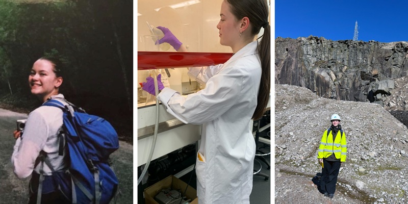 Three images of a person at work, one shows them walking through a wooded area with a backpack on, another shows them holding up a bottle of liquid in a lab, and another shows them standing outside a stone quarry wearing a hardhat and high vis vest.